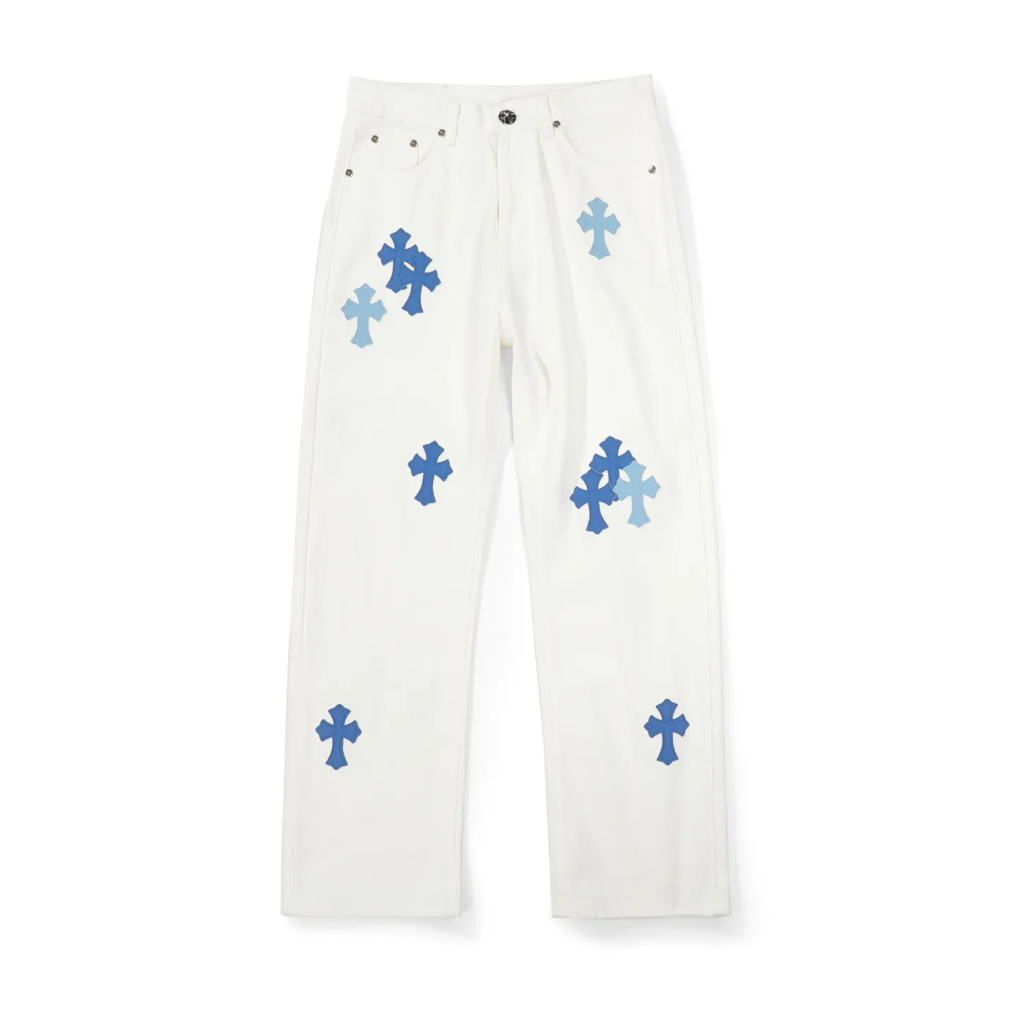 P230 💰 (Top version) Chrome Hearts/Chrome Hearts Classic white and blue series colored leather cross washed color fabric unisex denim trousers Vibe style straight stacked god-level version Carbon fine bias denim color cloth Old vintage full set of hardware - Chrome Hearts white cow series The high version uses high-ounce customized fabrics, fermentation washing and soft color fixation, soft and thick to wear, the details are all made by hand-polished craftsmanship, all-over printed jacquard fabric Unique design style. Through multiple processes to create a full retro feel. Unique niche non-contrast shirt. Customized distressed spray-painted buttons. Craftsmanship in every detail. Color: white and blue. Size: 28-30-32-34 (corresponding to S-M-L-XL)